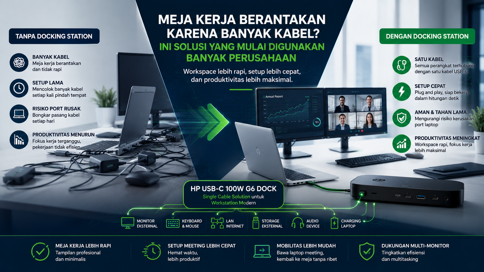 Meja kerja berantakan karena banyak kabel Meja kerja berantakan karena banyak kabel