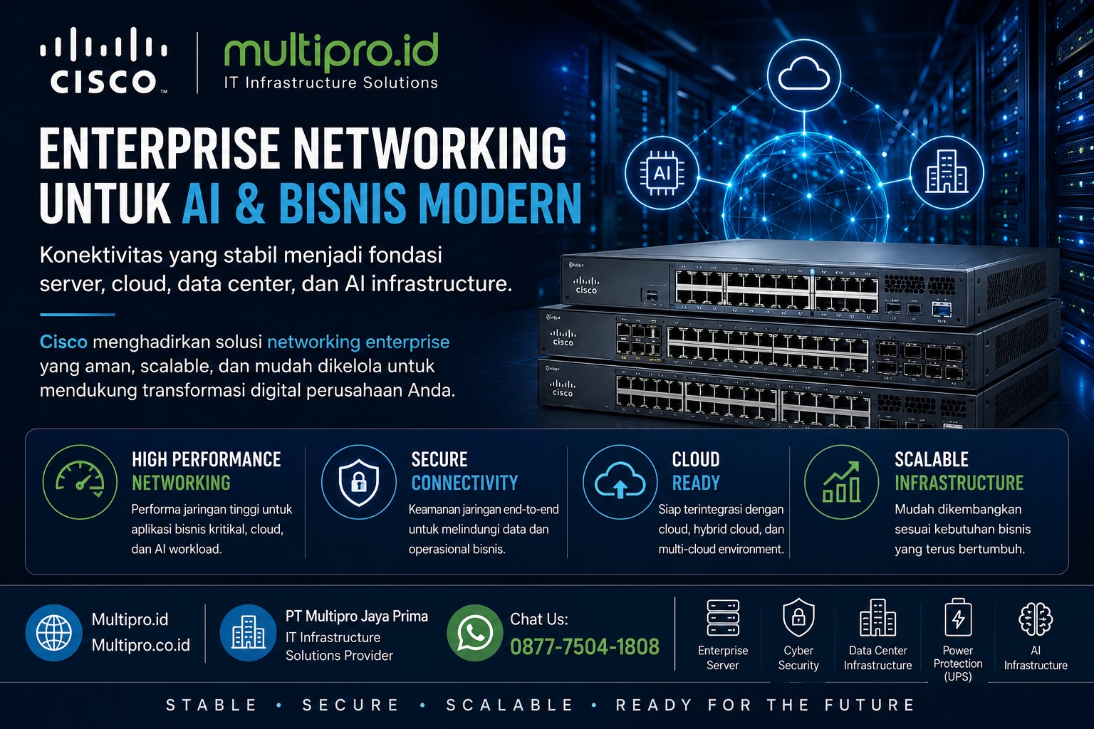 Pelajari pentingnya enterprise networking untuk mendukung AI infrastructure, cloud computing, data center, dan operasional bisnis modern.