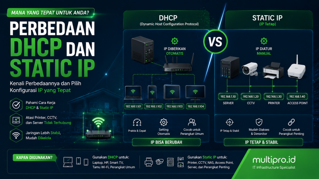 Perbedaan DHCP dan Static IP: Kenapa Printer atau CCTV Sering Tidak Terhubung?